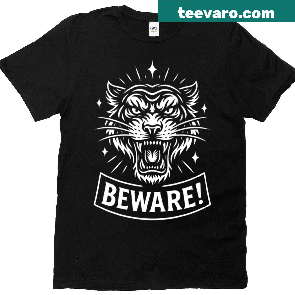 Bold black and white illustration of a roaring tiger head — on a men's t-shirt