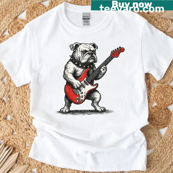 Vintage-style Bulldog rocking an electric guitar graphic t-shirt