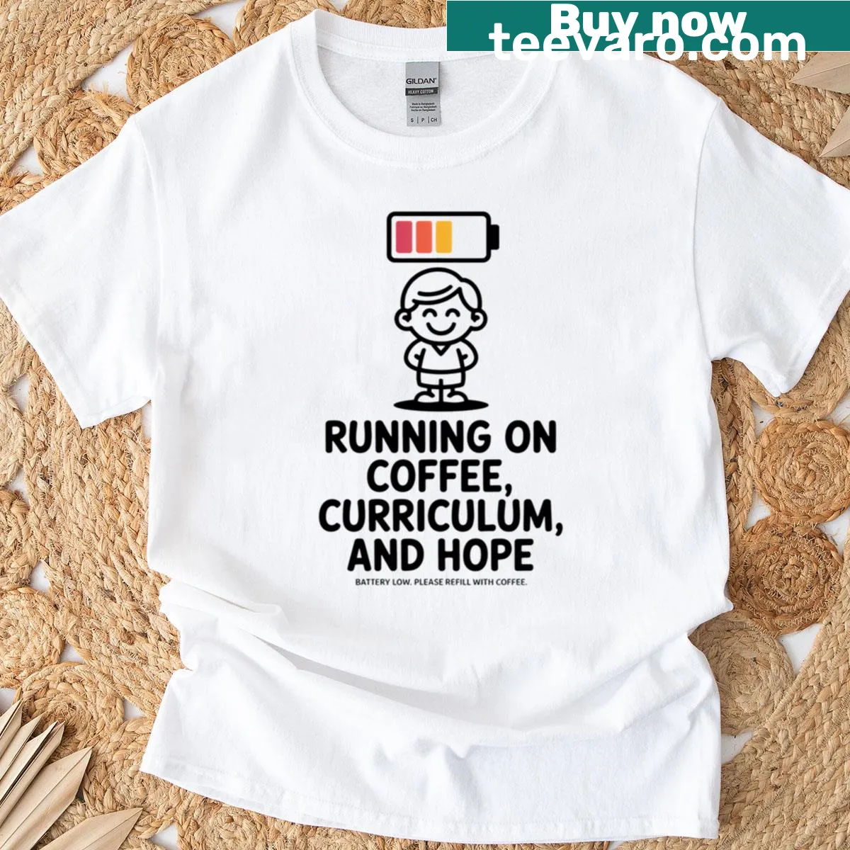 Funny teacher T-shirt with coffee, curriculum, and hope text design — on a men's t-shirt