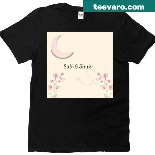 T-shirt with pink floral watercolor design featuring 'Sabr' and 'Shukr'
