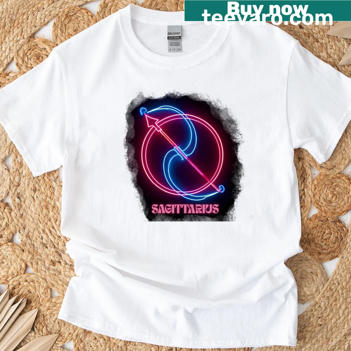 T-shirt featuring Sagittarius zodiac sign illustration — on a men's t-shirt