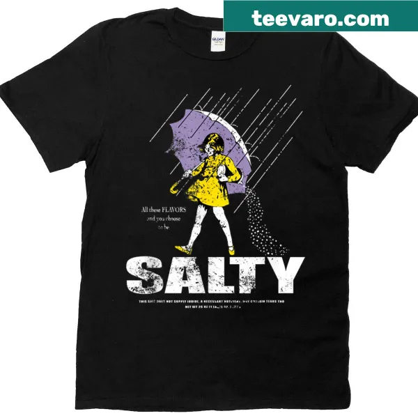 Vintage-style t-shirt with 'All These Flavors' graphic and girl holding an umbrella