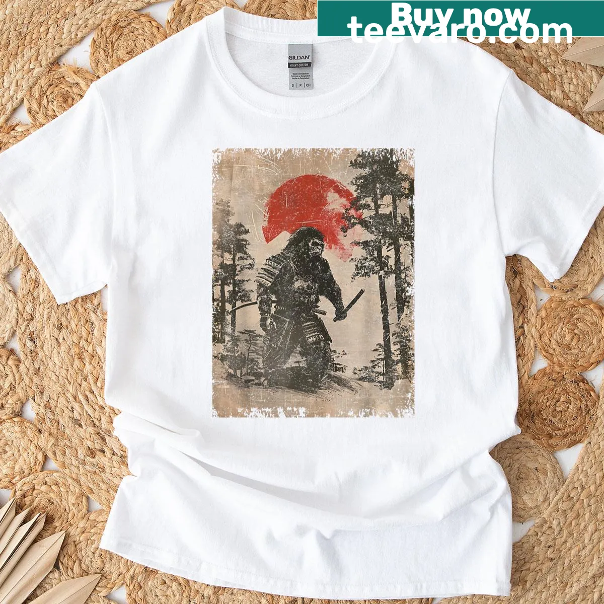 Samurai Bigfoot graphic t-shirt in vintage style — on a men's t-shirt