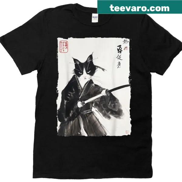 Vintage samurai cat T-shirt with ink art of a cat wielding a katana