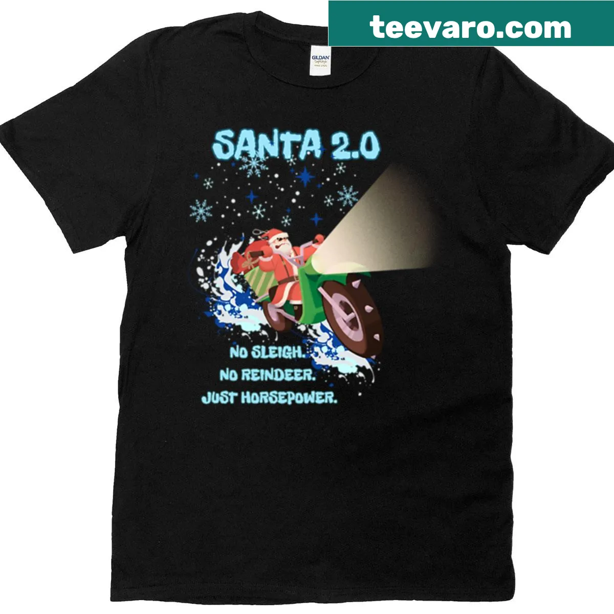 Funny Christmas biker t-shirt with Santa 20 and motorcycle graphic — on a men's t-shirt