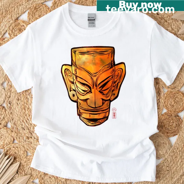 Sanxingdui mask graphic on a Bronze Age-themed t-shirt