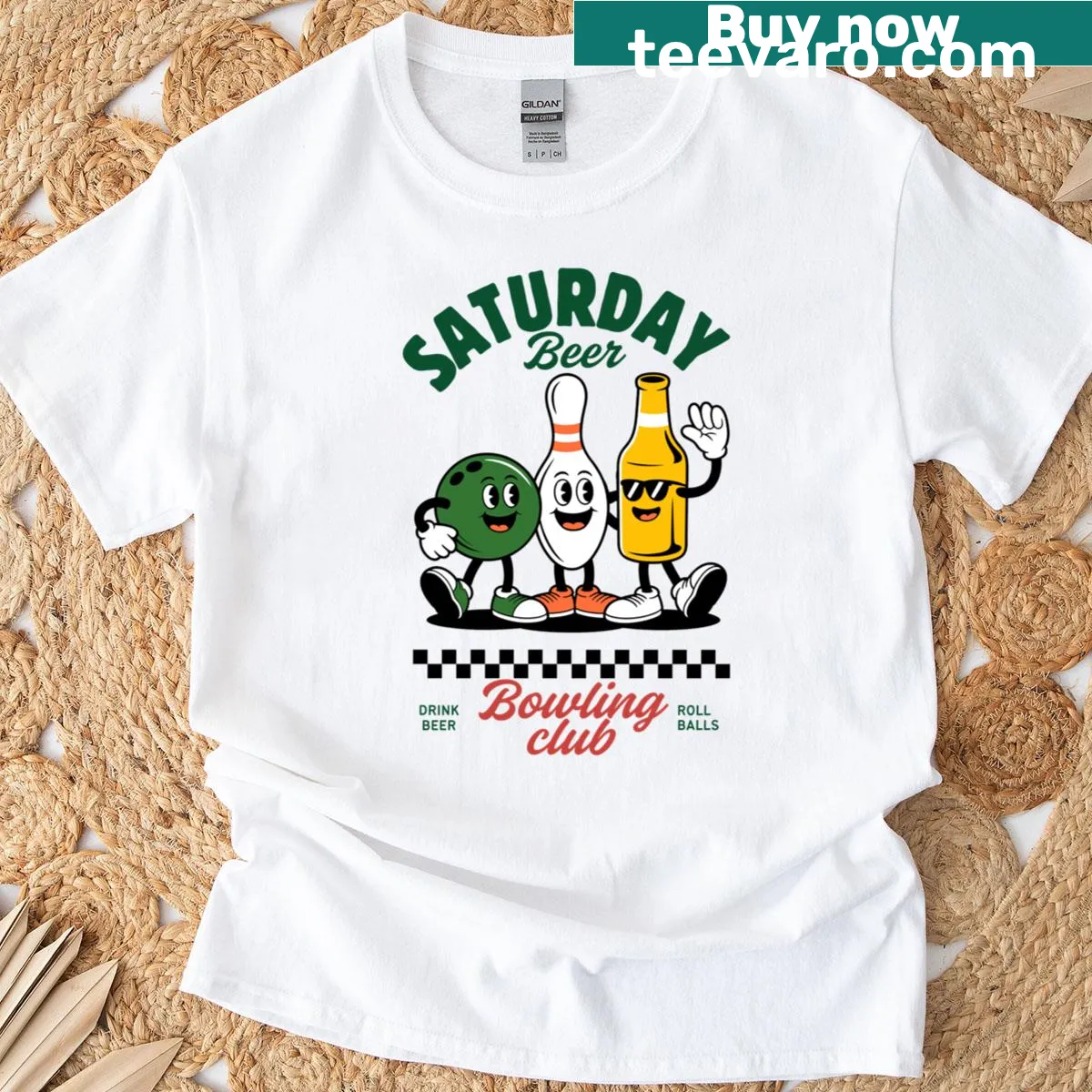Vintage-style T-shirt with bowling and beer graphics — on a men's t-shirt