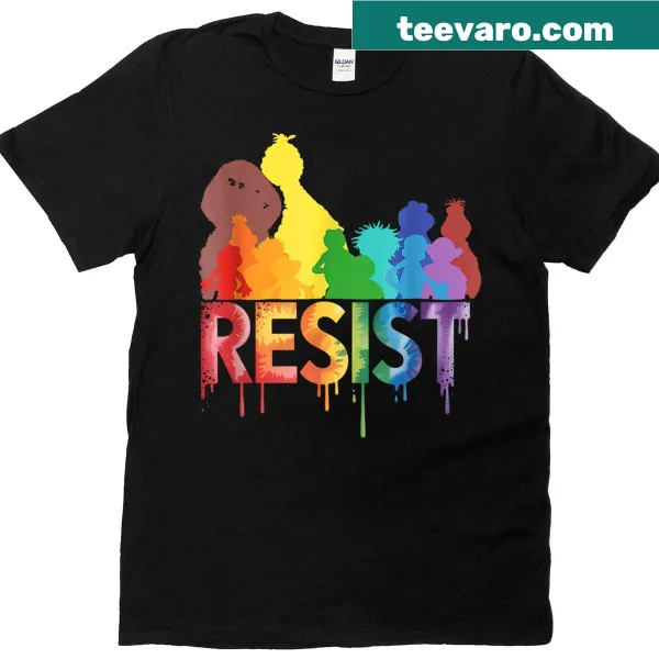 Graphic t-shirt with 'Save PBS Resist' and rainbow character design