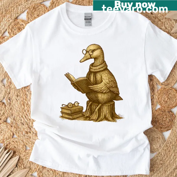 Cute scholarly duck reading a book on vintage t-shirt