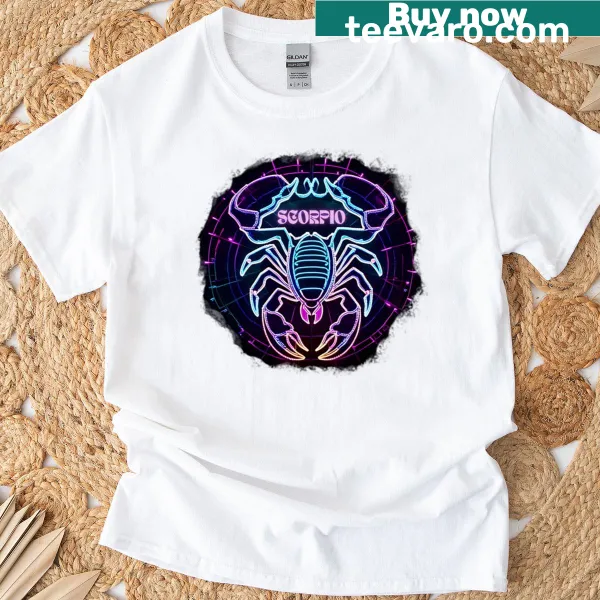 Illustrated Scorpio zodiac symbol T-shirt, celebrating Scorpio traits