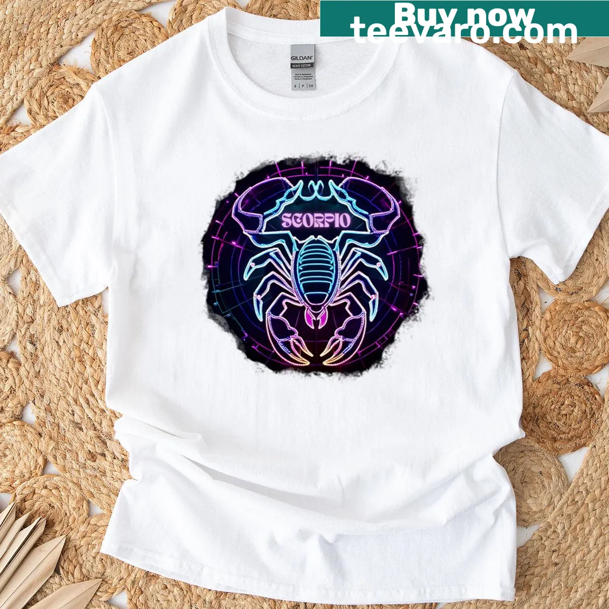 Illustrated Scorpio zodiac symbol T-shirt, celebrating Scorpio traits — on a men's t-shirt