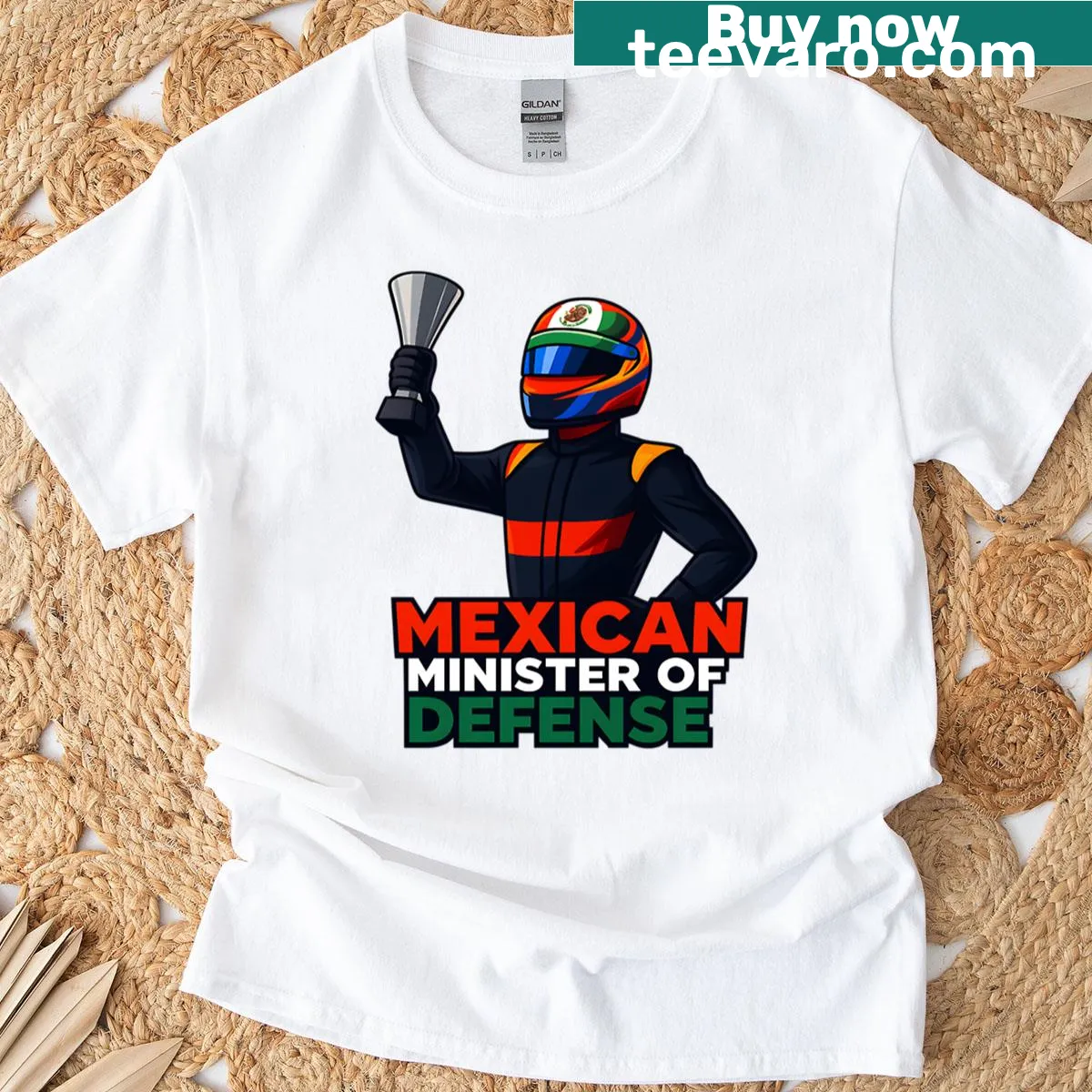 Sergio Perez graphic T-shirt honoring the Mexican Minister of Defense — on a men's t-shirt
