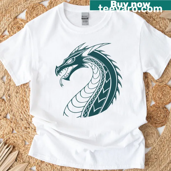 Mythical serpent graphic on a lush green t-shirt
