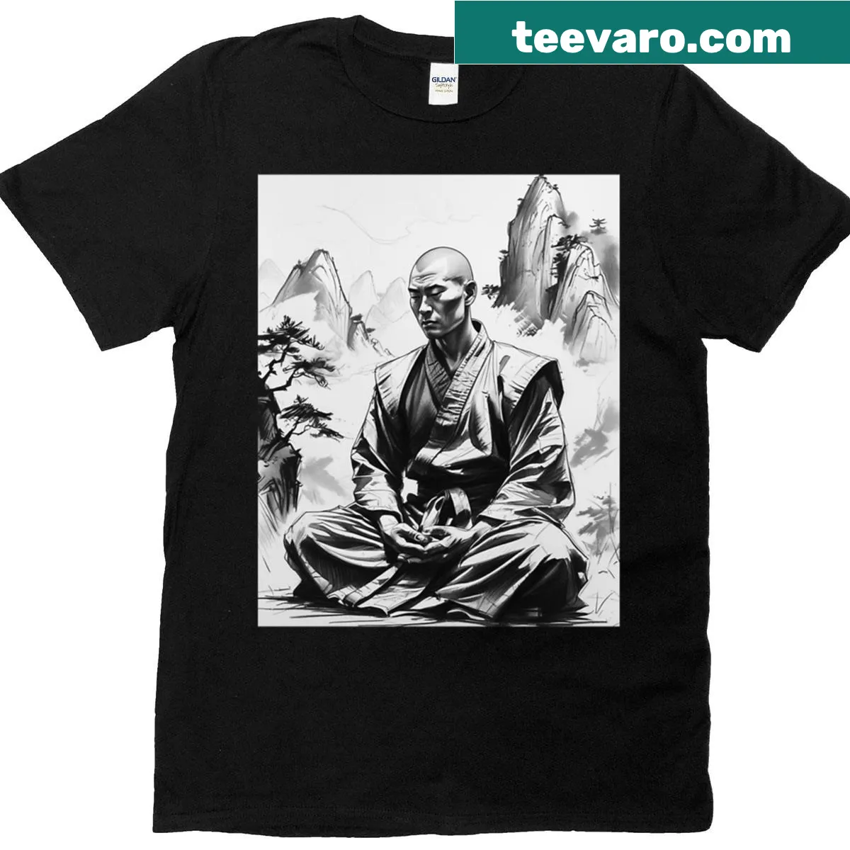 Minimalist art of a Shaolin monk on a black and white t-shirt — on a men's t-shirt