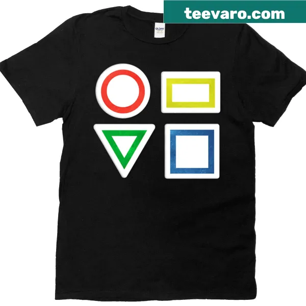 Illustration of colorful shape sorter blocks on a T-shirt