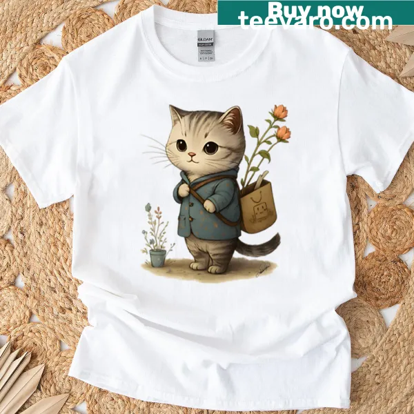 Illustrated t-shirt featuring Simon the kitten surrounded by flowers