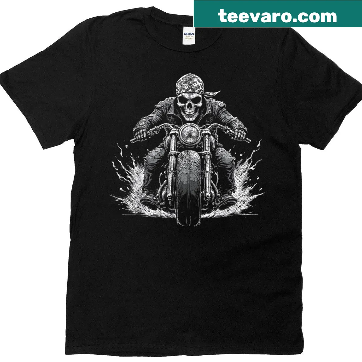 Skeleton riding a motorcycle graphic on a vintage t-shirt — on a men's t-shirt