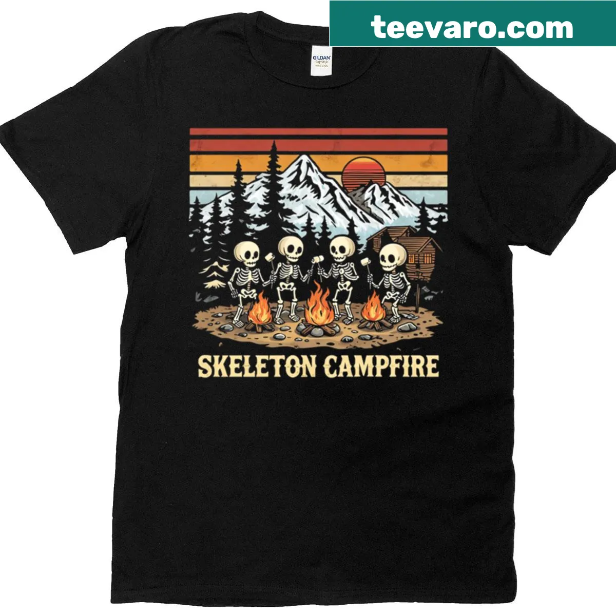 Funny Halloween T-shirt featuring cartoon skeletons at a campfire — on a men's t-shirt
