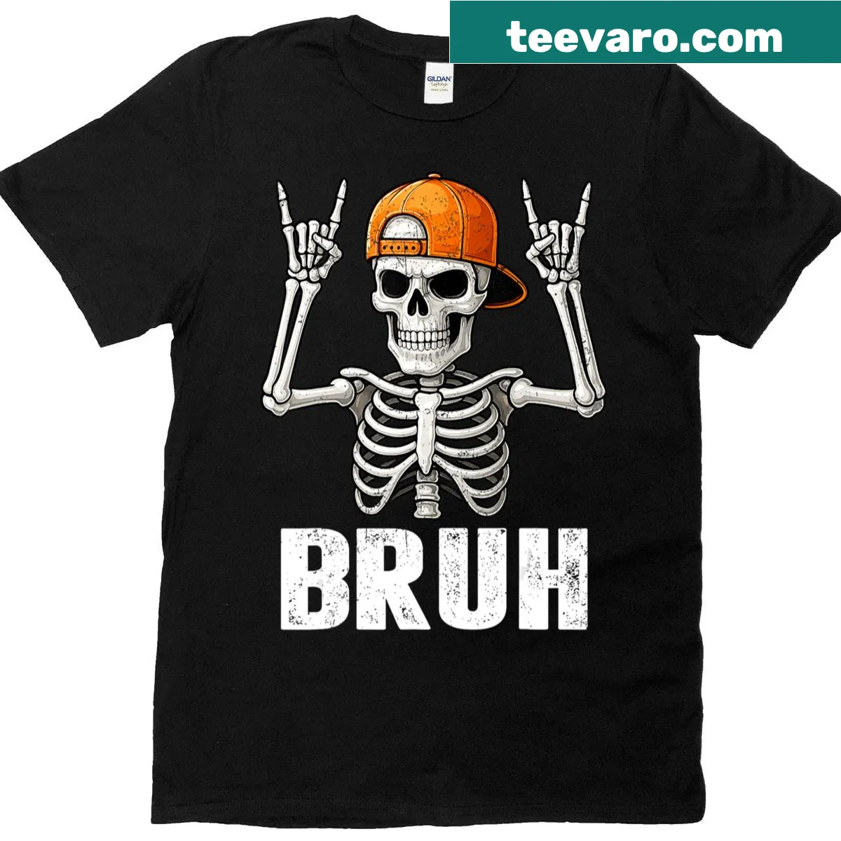 Cartoon skeleton in a playful pose for Halloween t-shirt — on a men's t-shirt
