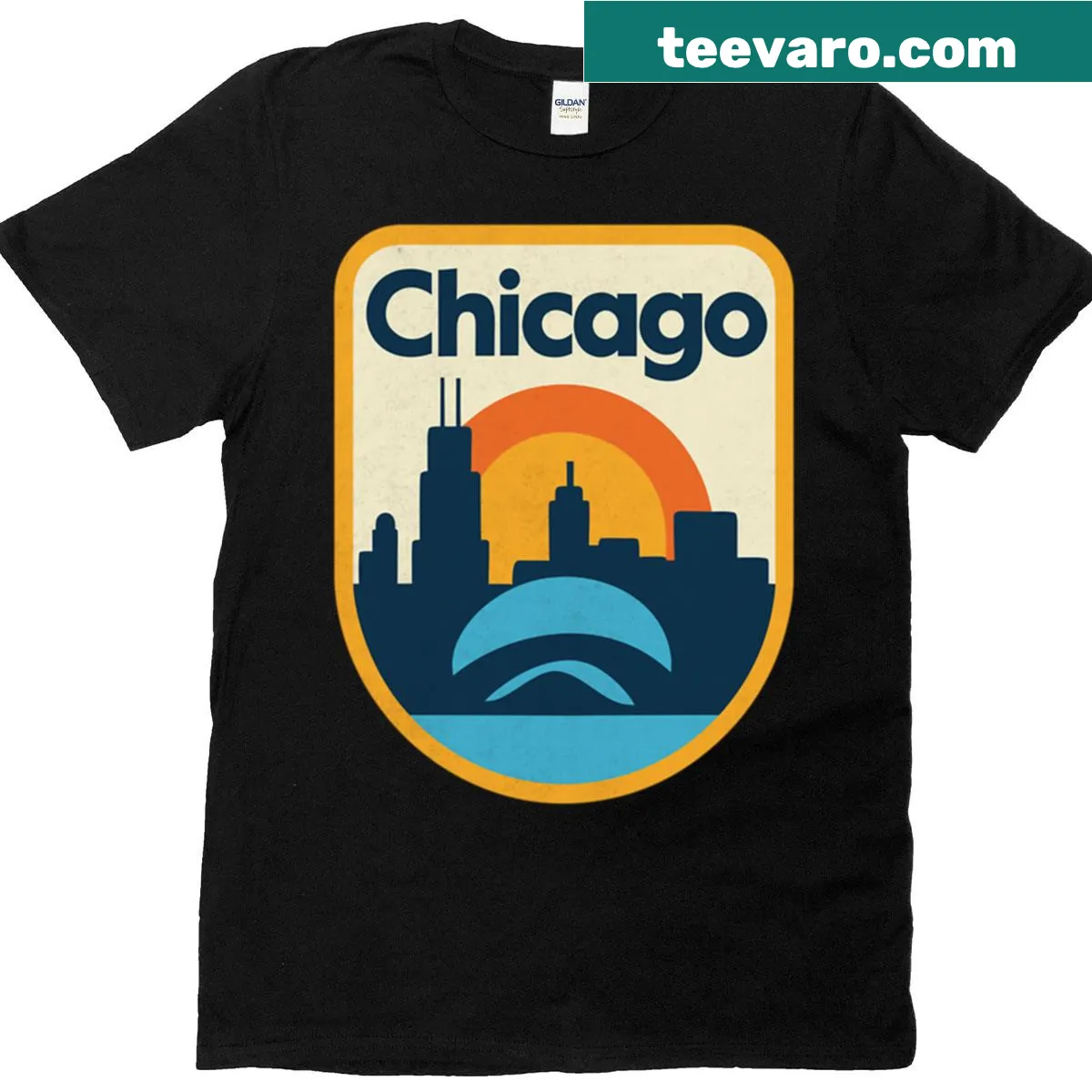 Stylized Chicago skyline graphic on a t-shirt. — on a men's t-shirt