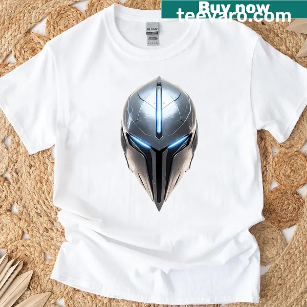 Cartoon-style T-shirt featuring a sleek futuristic armored helmet design.