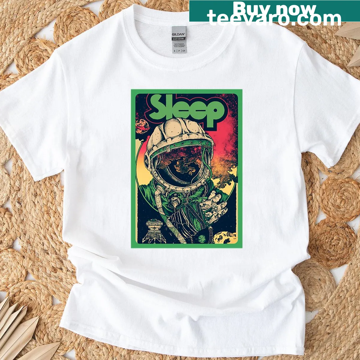 Vintage-style sleep band t-shirt with humorous retro logo — on a men's t-shirt