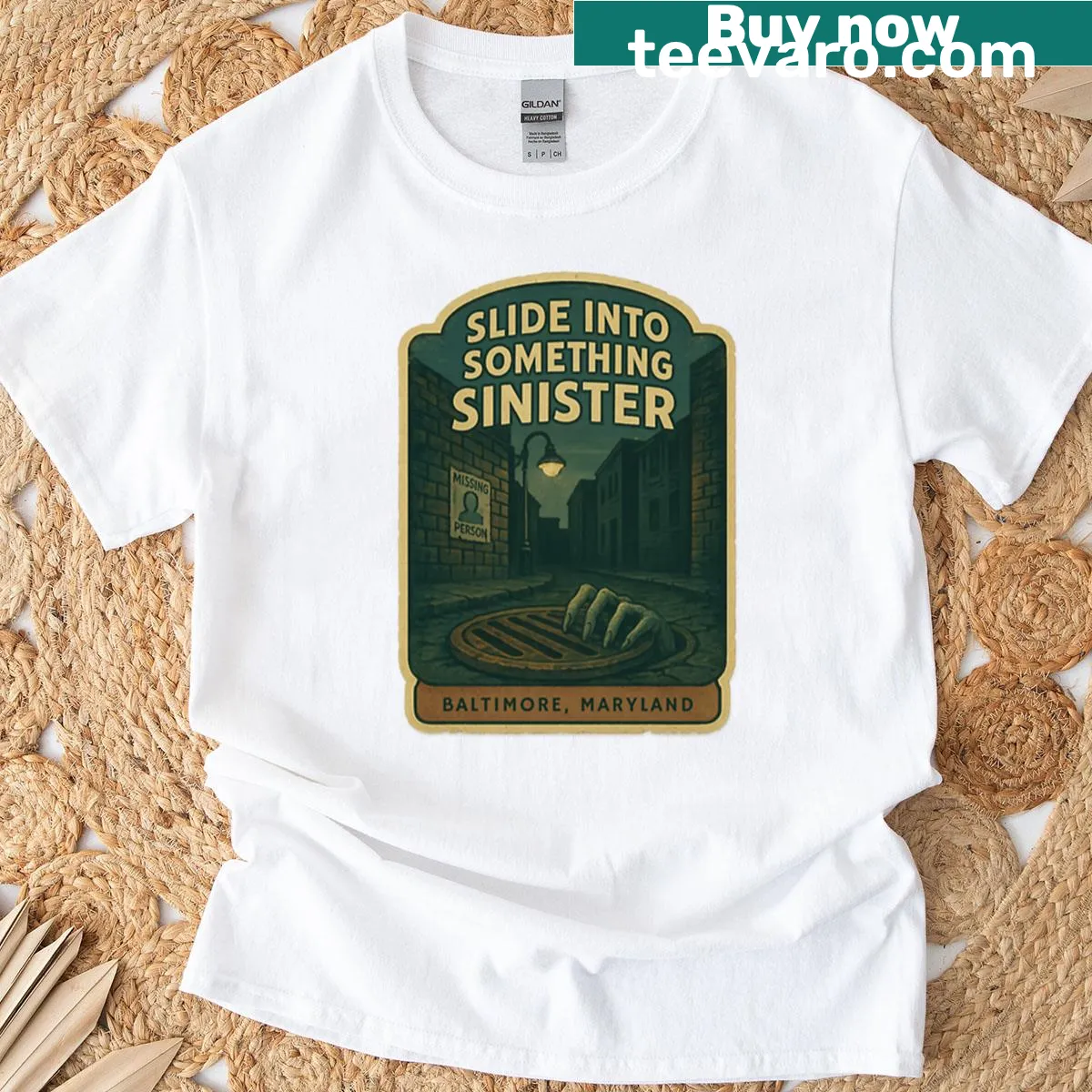 Paranormal travel-themed t-shirt with edgy graphic design — on a men's t-shirt