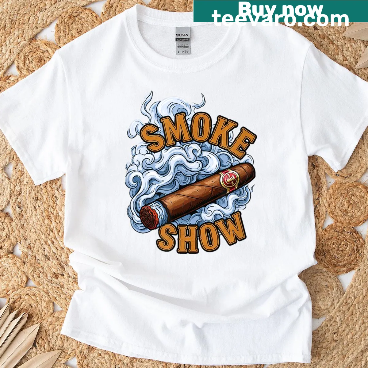 Humorous 'Smoke Show' text on a T-shirt for cigar lovers — on a men's t-shirt