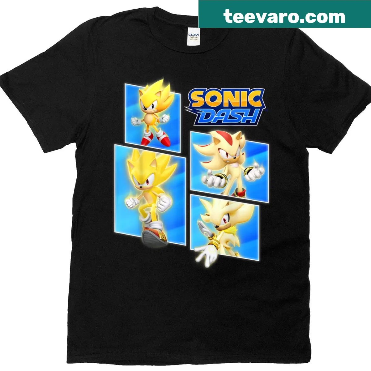 Dynamic graphic of hedgehogs from Sonic Dash on a t-shirt — on a men's t-shirt