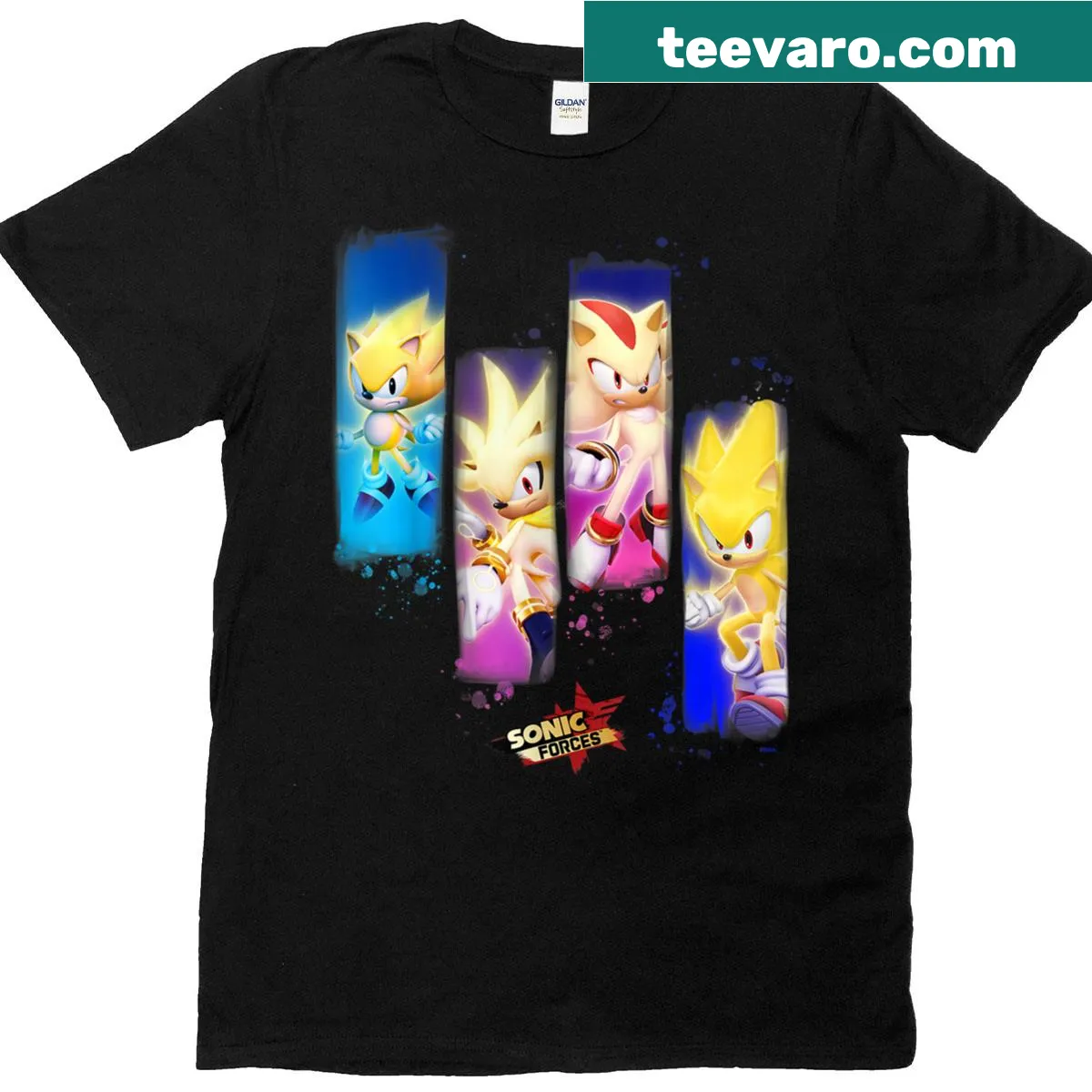 Retro design featuring Super Hedgehogs from Sonic Forces on a T-shirt — on a men's t-shirt