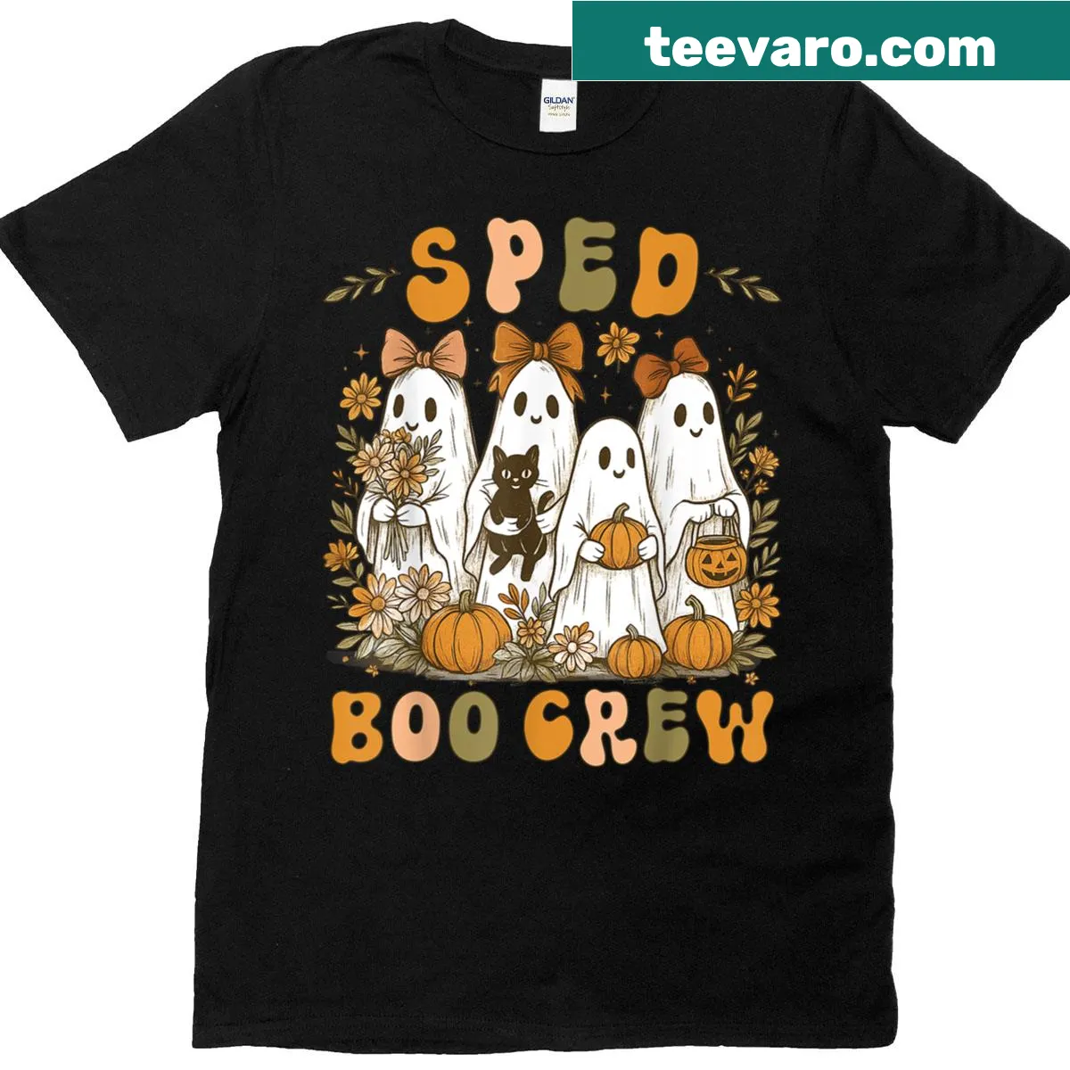 Cute Halloween t-shirt with ghost cat and floral design — on a men's t-shirt