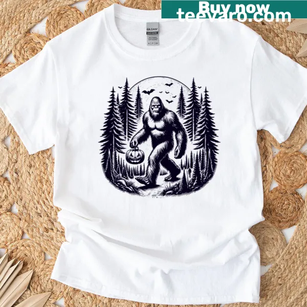 Playful Halloween t-shirt with Bigfoot and pumpkin illustrations