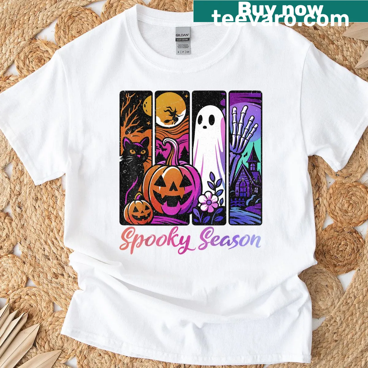 Halloween-themed t-shirt with ghost, pumpkin, and black cat design — on a men's t-shirt