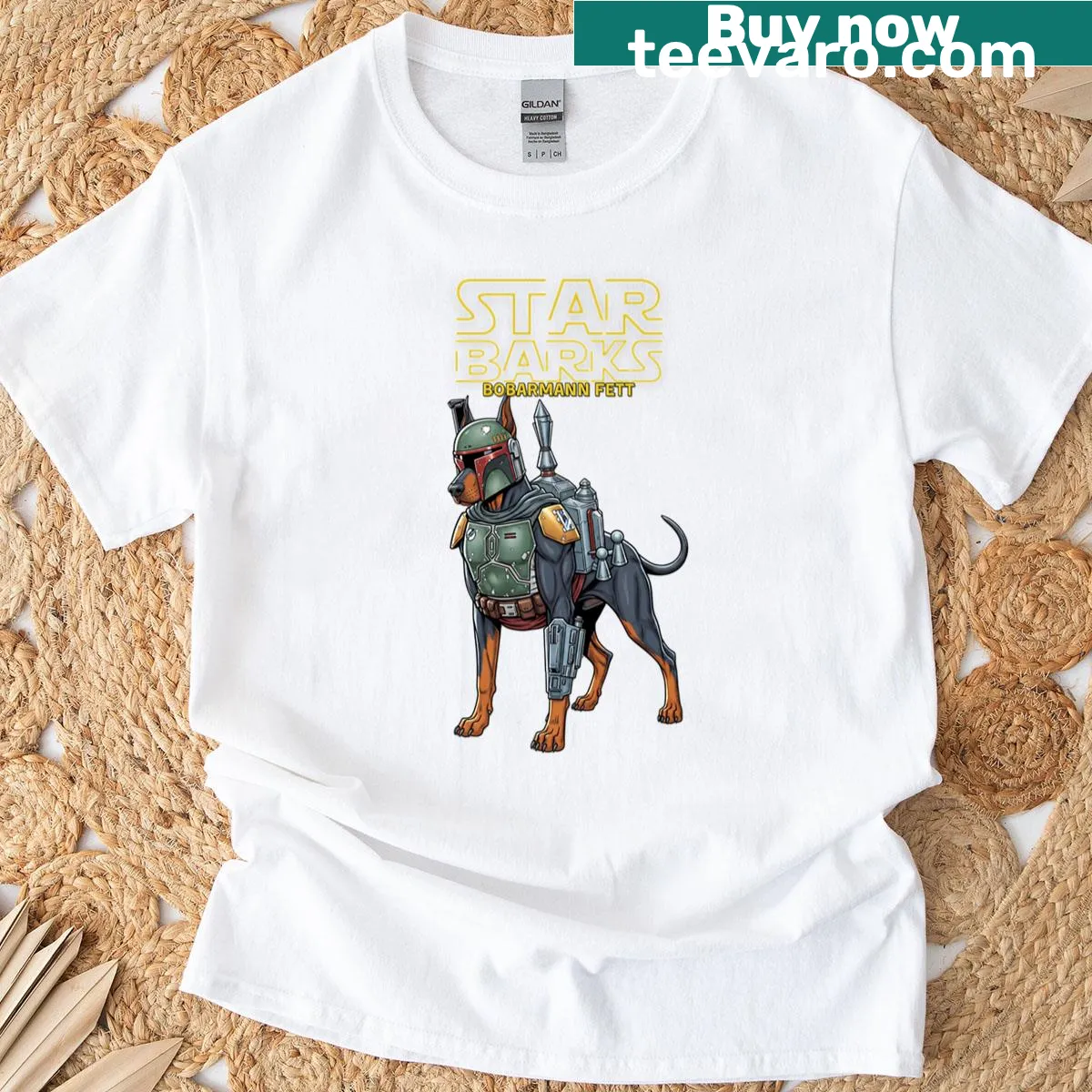 Cartoon graphic T-shirt featuring a whimsical take on Bobarmann Fett. — on a men's t-shirt