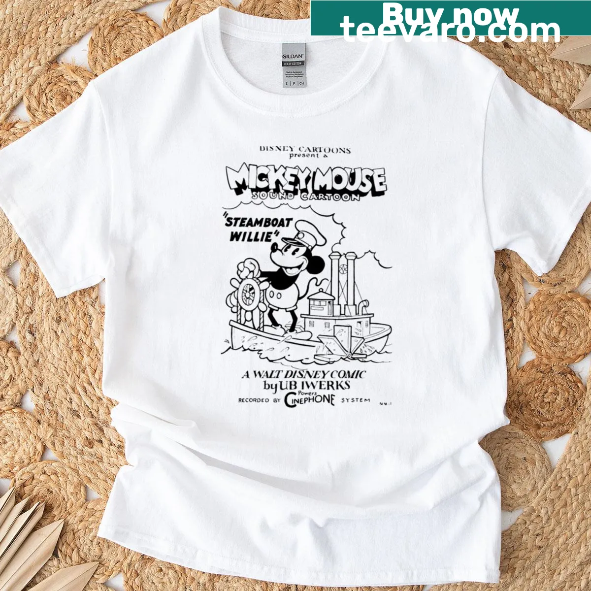 Steamboat Willie T-shirt featuring a nostalgic poster design — on a men's t-shirt