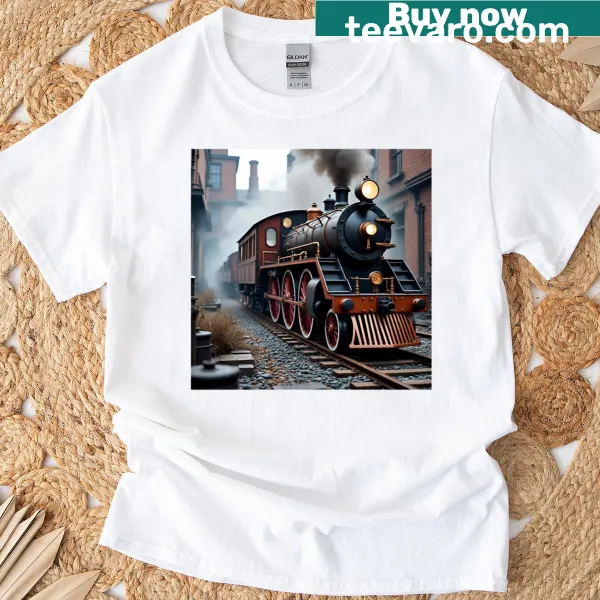Vintage-distressed t-shirt featuring a steampunk train in motion