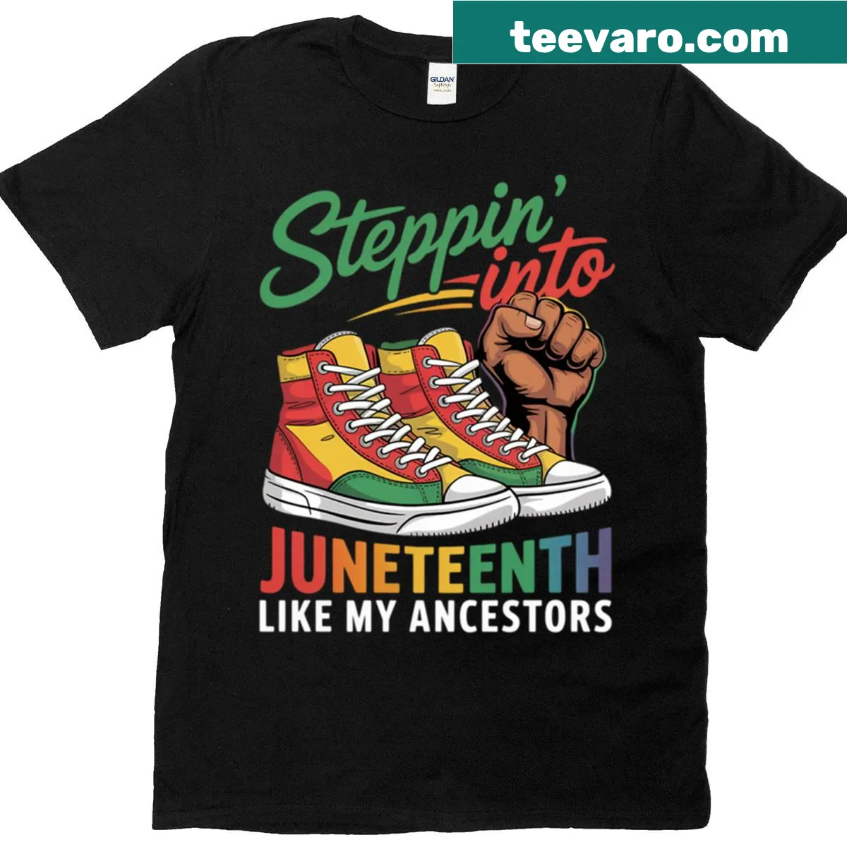 Illustration of an Afro woman stepping forward for Juneteenth celebration — on a men's t-shirt