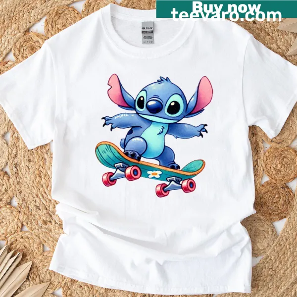 Illustration of Stitch skating on a T-shirt