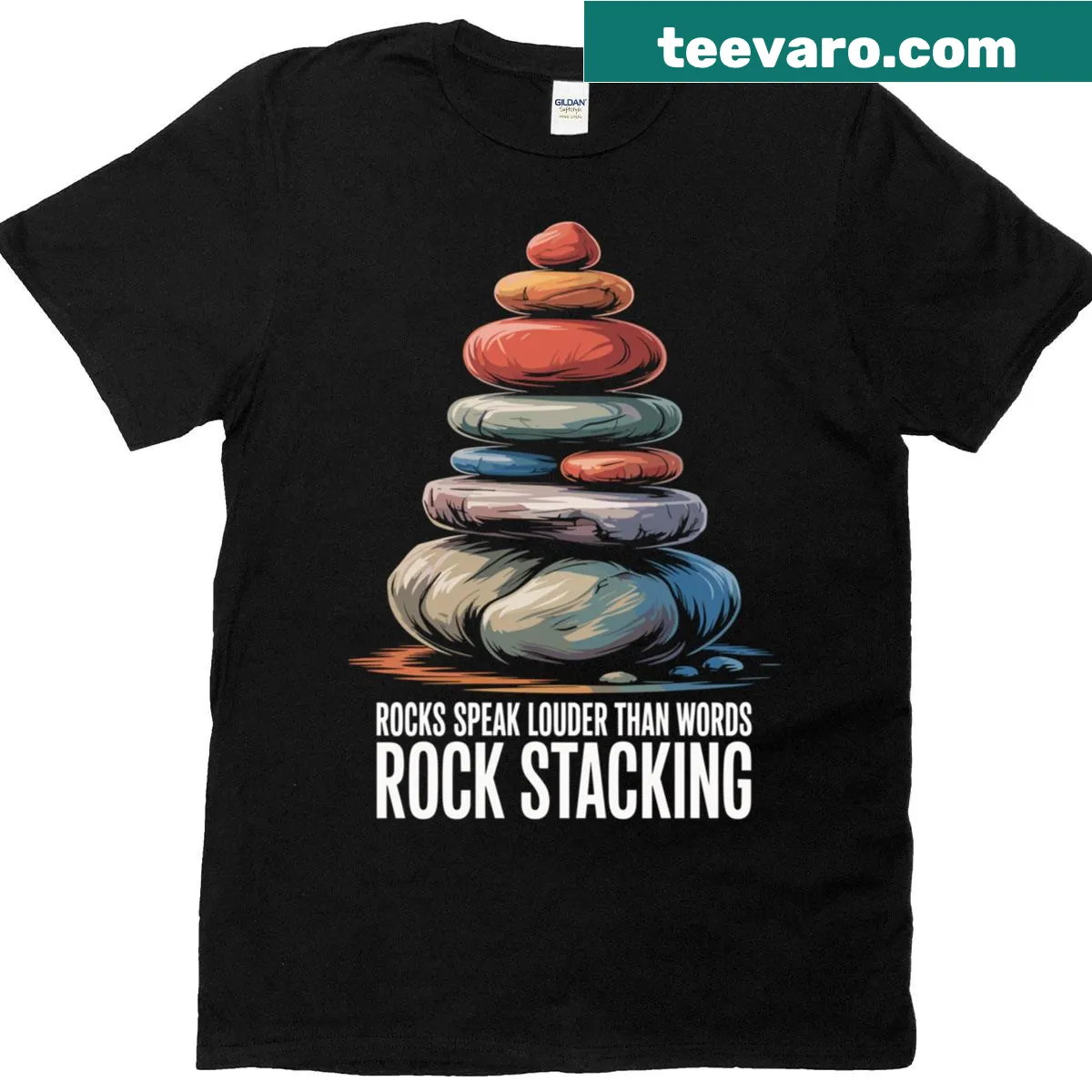 T-shirt with stacked stones and 'Rocks Speak Louder Than Words' — on a men's t-shirt