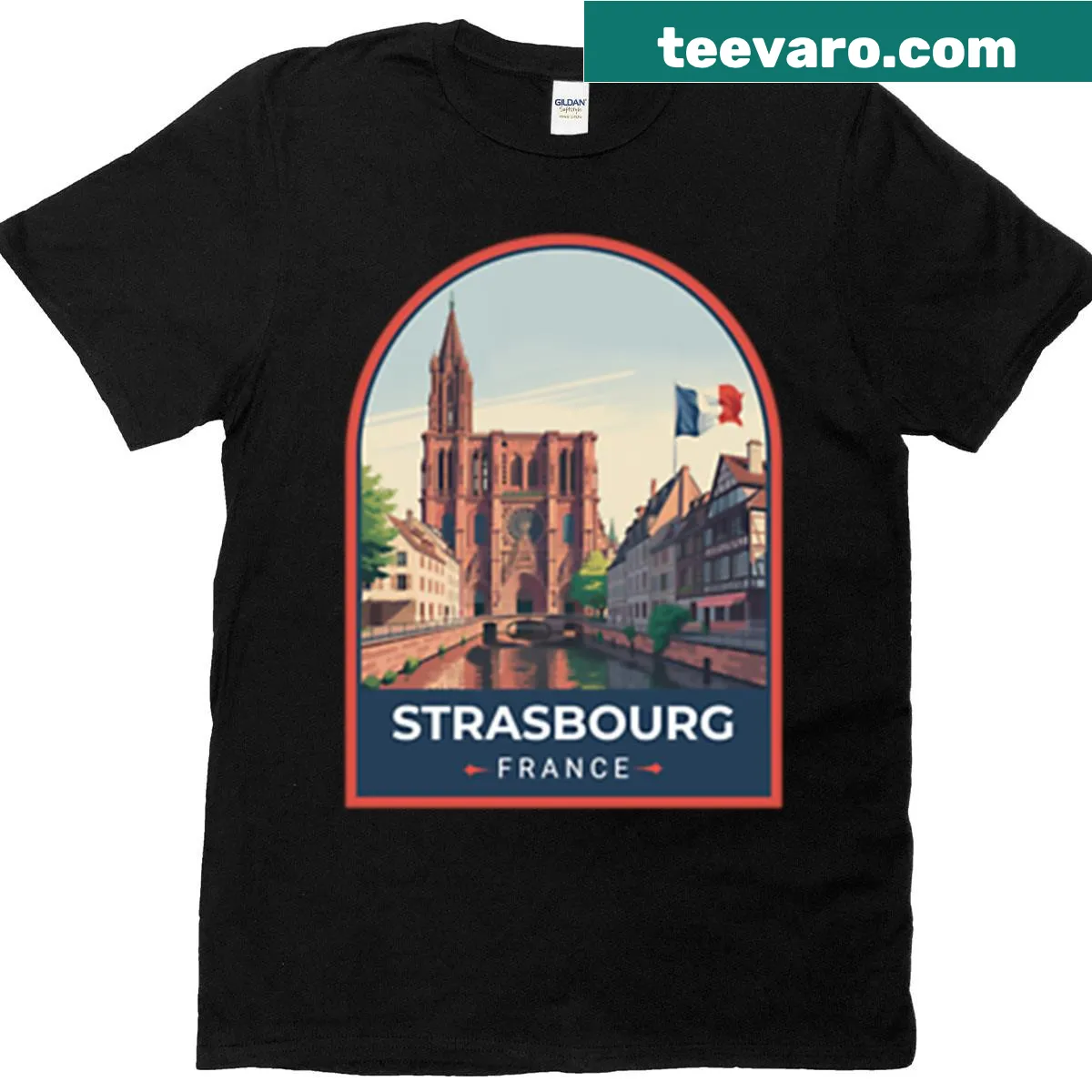 Vintage travel sticker design of Strasbourg on T-shirt — on a men's t-shirt