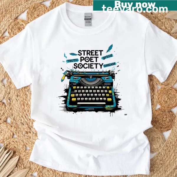 Illustrated T-shirt featuring a spray-painted typewriter and artistic elements.