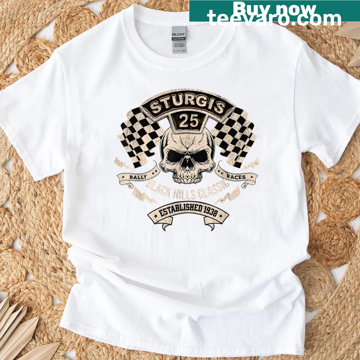 Retro T-shirt featuring a badge emblem of the Sturgis 2025 Black Hills Rally with skull flags. — on a men's t-shirt