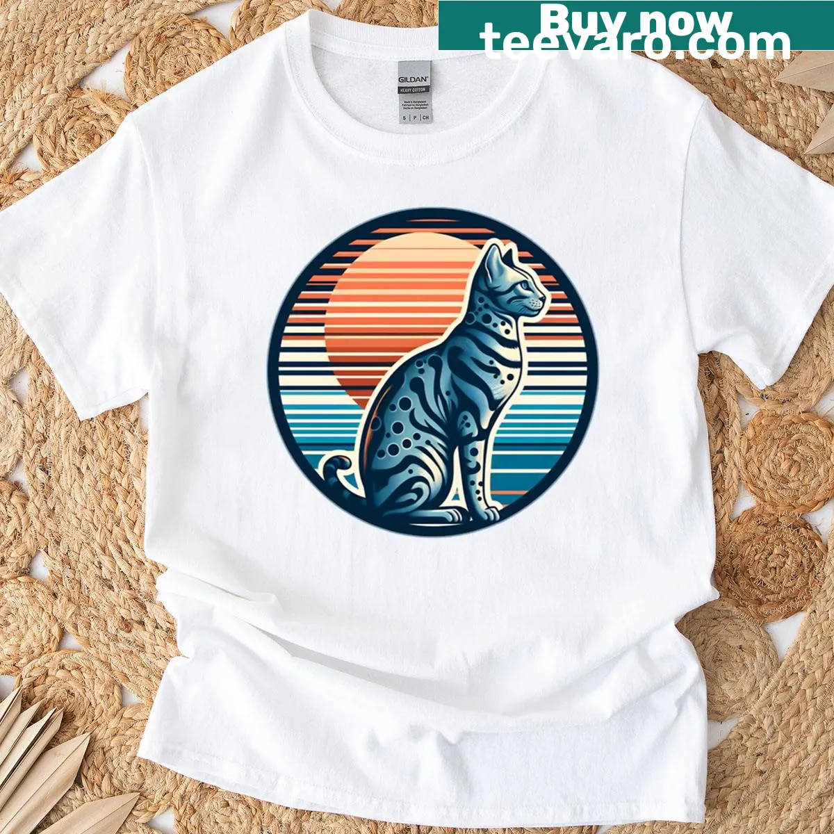 Retro Ocicat illustration T-shirt with sunstripe design — on a men's t-shirt