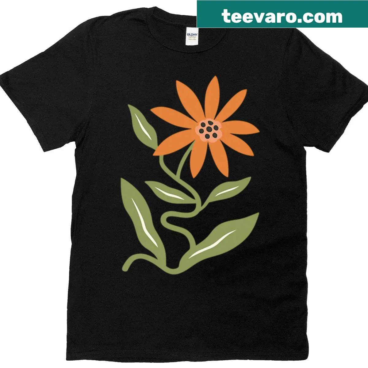 Illustration of stylized orange flower with green leaves — on a men's t-shirt