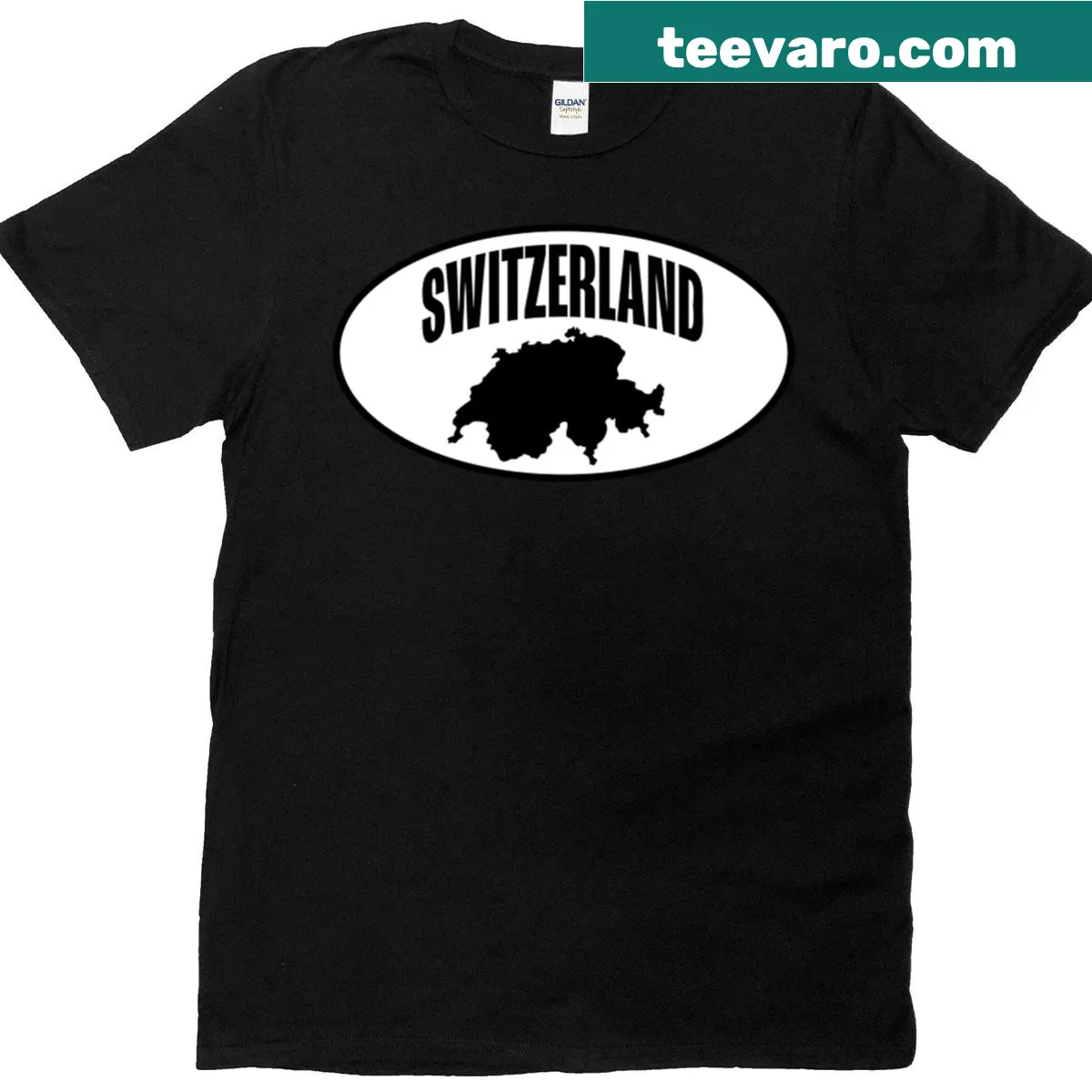 Minimalist Switzerland silhouette t-shirt with curved font — on a men's t-shirt