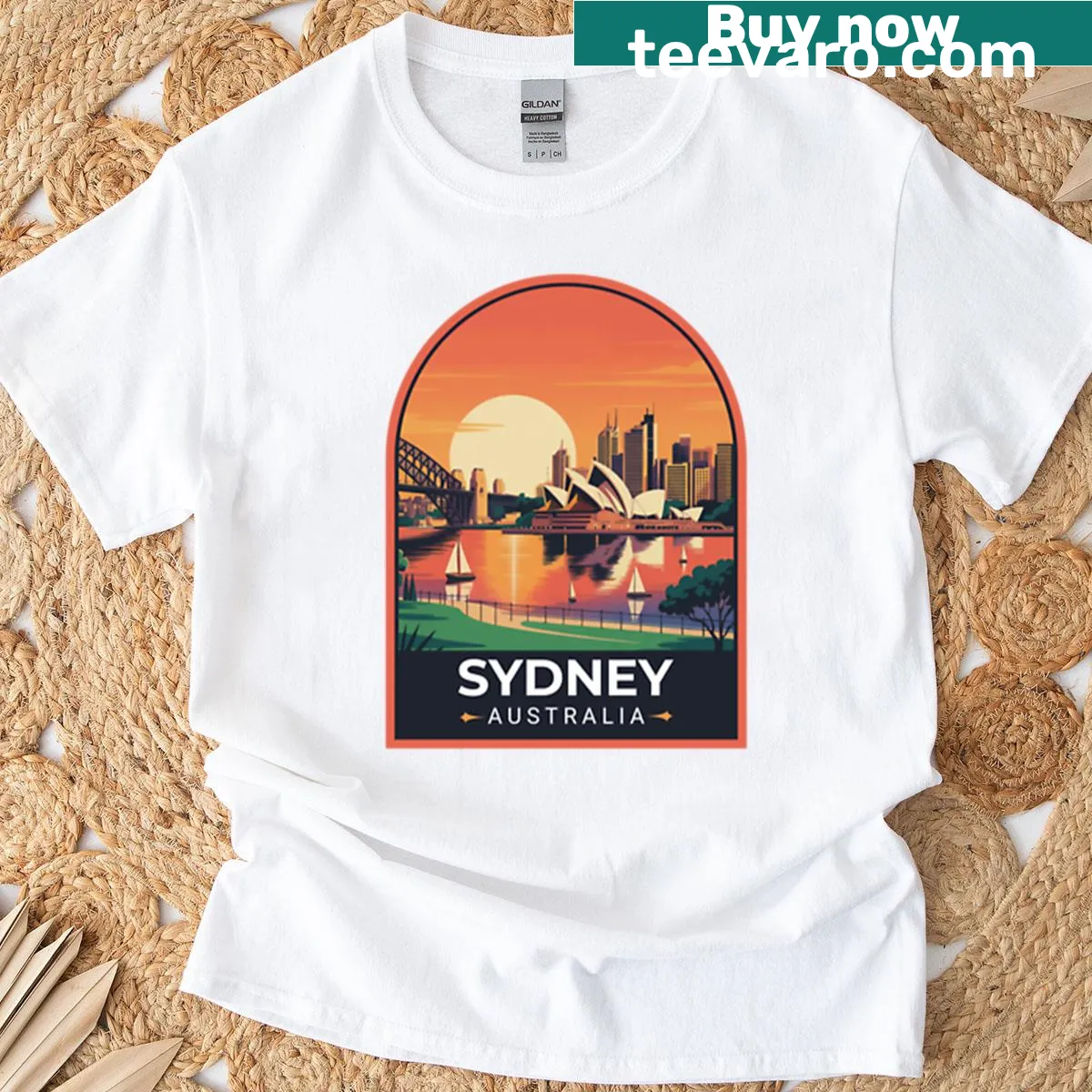 Travel sticker design of Sydney Australia on t-shirt — on a men's t-shirt