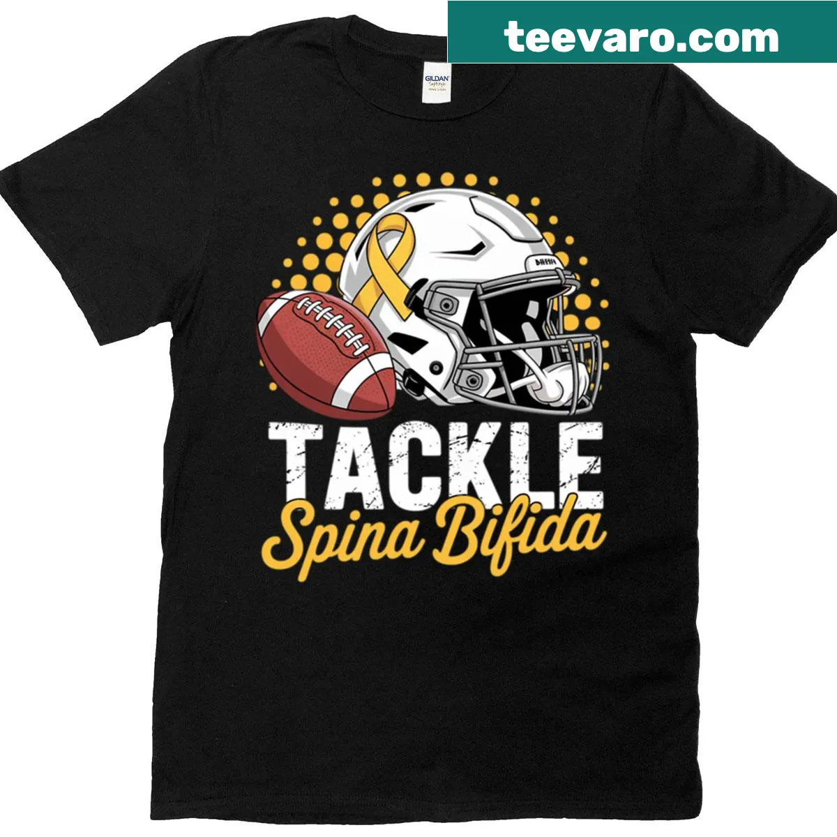 T-shirt with football helmet and yellow ribbon for Spina Bifida awareness — on a men's t-shirt