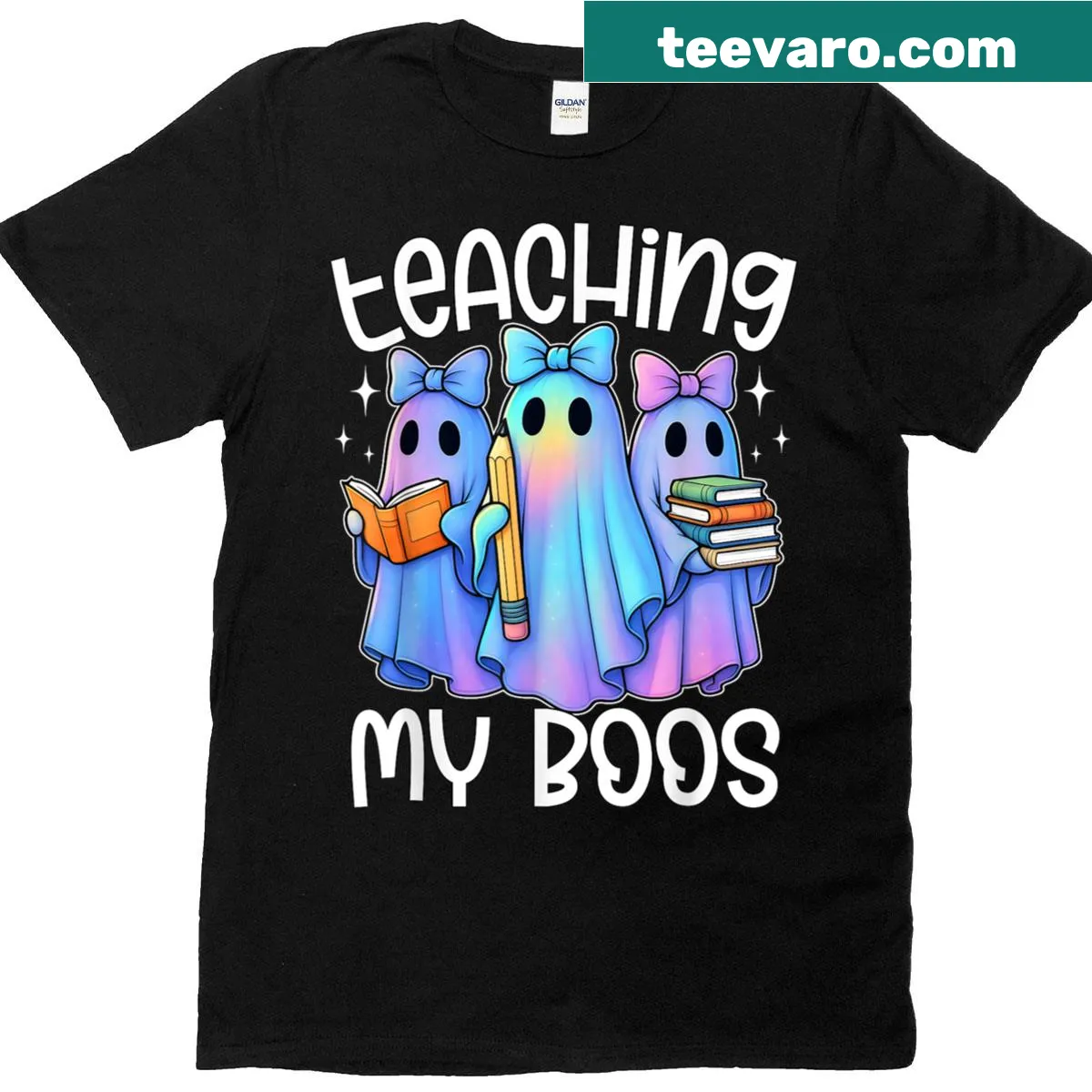 Pastel Halloween t-shirt with cute ghost design for teachers — on a men's t-shirt