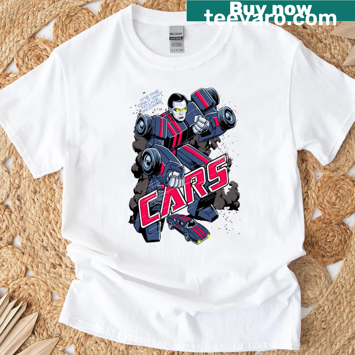 Illustrative shirt featuring a car graphic — on a men's t-shirt