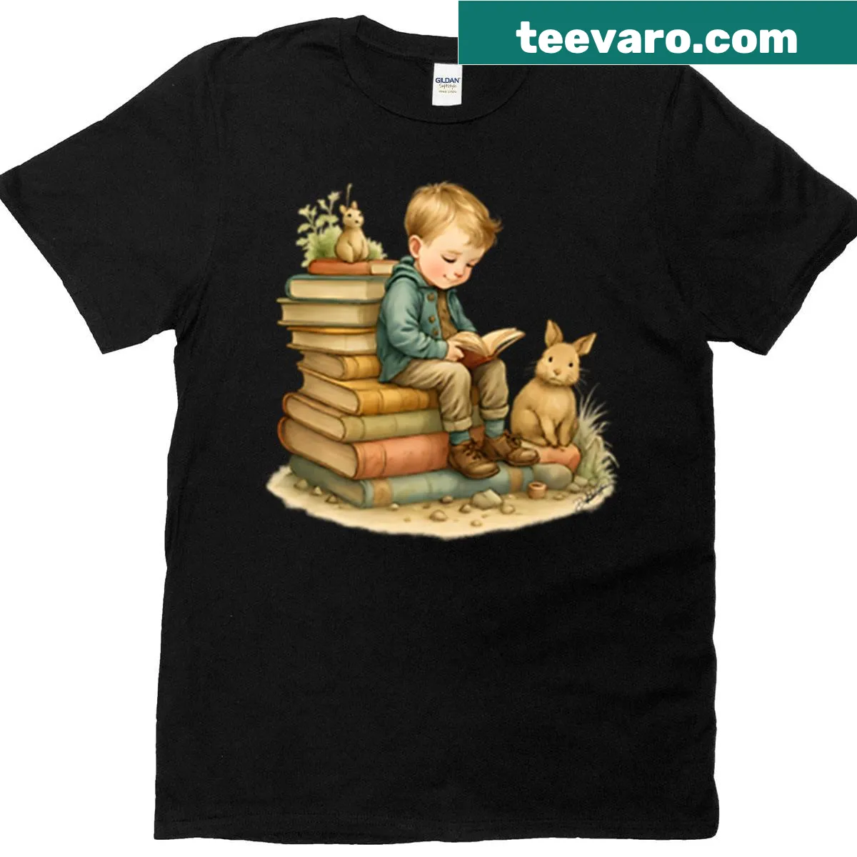 Illustrated T-shirt depicting a child reading with animals — on a men's t-shirt